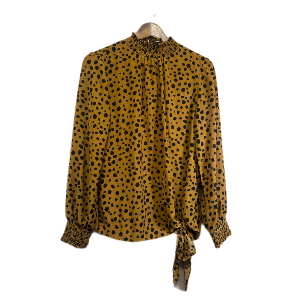 She + Sky Blouse Women Small Mustard‎ Yellow Excellent Animal Spot Smocked Tie